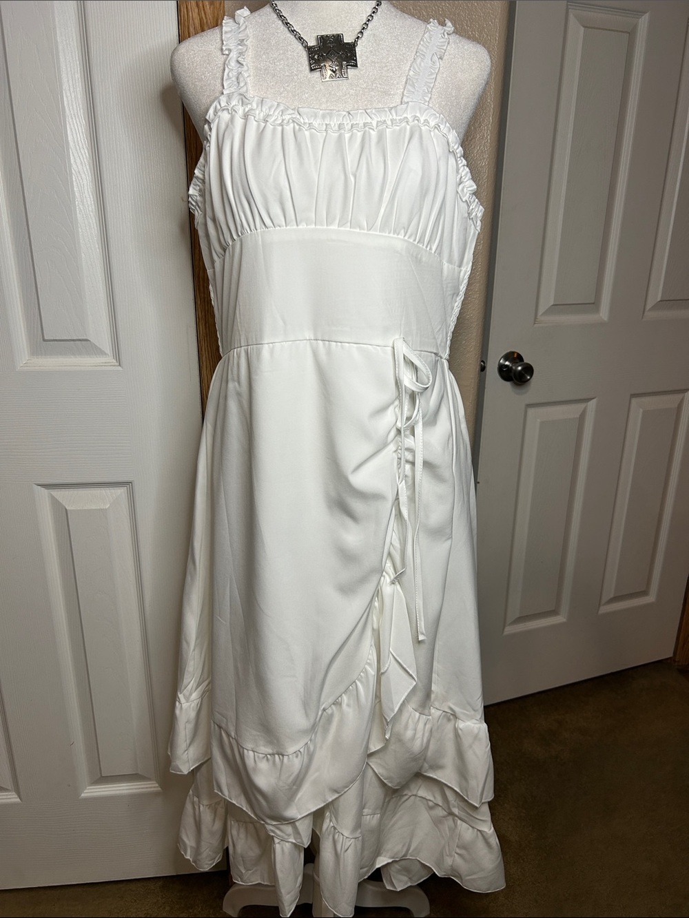 ROMANTIC White Ruffle High-Low Midi Dress with Ruched Bodice - Picture 4 of 7